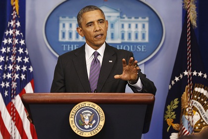 Барак Обама во время брифинга в Белом доме